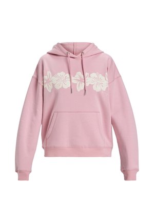 Roze hoodie met een voorvak, een capuchon met trekkoorden en een witte bloemenprint over de borst. Voorzien van ribgebreide manchetten en onderrand.