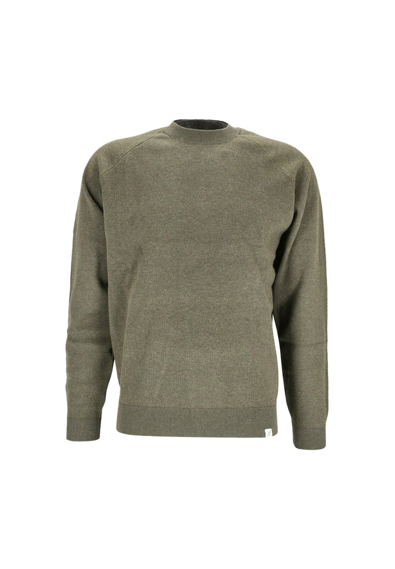 Olivgrüner Strickpullover mit geripptem Rundhalsausschnitt und Bündchen. Entworfen mit einer schlichten, geraden Form und einem Etikett am unteren Saum.