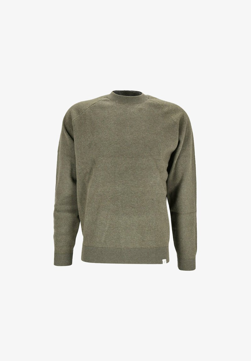 Olivgrüner Strickpullover mit geripptem Rundhalsausschnitt und Bündchen. Entworfen mit einer schlichten, geraden Form und einem Etikett am unteren Saum.