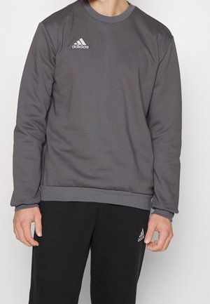 Mężczyzna ubrany w szarą bluzę Adidas i czarne spodnie dresowe Adidas, stoi z rękami swobodnie opuszczonymi przy bokach na jednolitym tle.