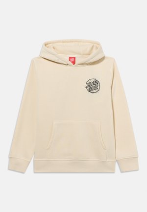 Sudadera con capucha beige con bolsillo frontal y pequeño logo circular negro "Santa Cruz" en el pecho izquierdo.