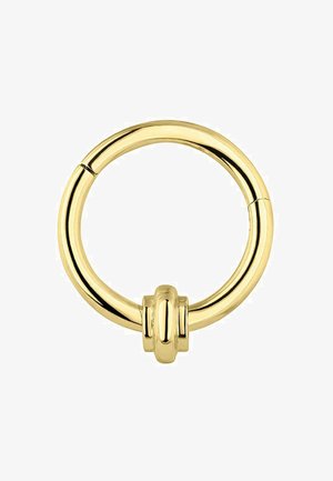 Anillo de metal color dorado con una superficie lisa y brillante. Presenta un acento central anudado, creando un diseño circular con una unión continua.