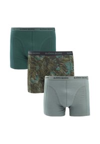Drie paren mannenboxershorts: één effen donkergroen, één met een patroon van donkergroene bladeren, en één effen lichtgrijs. Alle hebben een zwarte tailleband.