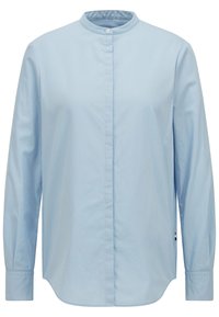 Camicia a maniche lunghe blu chiaro con colletto a banda, chiusura a bottoni al collo e orlo arrotondato. Tessuto di cotone liscio senza motivi o dettagli.