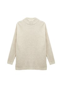 Beige Strickpullover mit hohem Kragen, langen Ärmeln und lockerer Passform. Die strukturierte Stoffoberfläche sowie die gerippten Bündchen und der Saum sorgen für dezente Details.