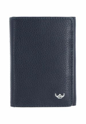 Black textured leather bifold wallet with a small silver emblem shaped like a stylized bull's head on the bottom right corner.