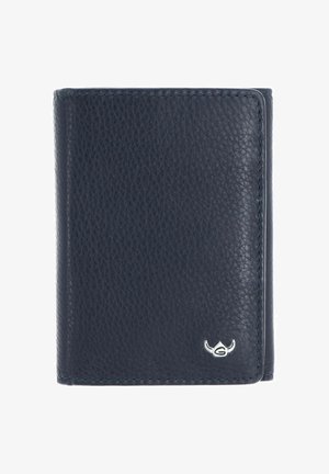 Portefeuille bifold en cuir noir texturé avec un petit emblème en argent en forme de tête de taureau stylisée dans le coin inférieur droit.