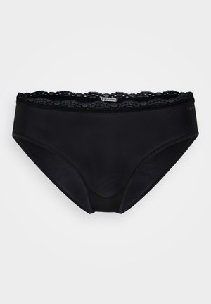 Black bikini briefs made from smooth fabric, featuring a delicate lace trim at the waist and a subtle logo tag. Classic and functional design.