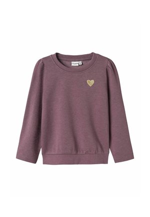 Langærmet lilla sweatshirt til småbørn med rund hals og lille guldhjertepatch på venstre bryst.