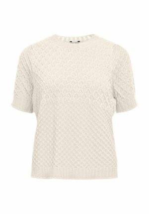 Kremfarget strikkegenser med kort erme, teksturerte diamant- og rutenettmønstre samt ribbestrikkede mansjetter og kant.