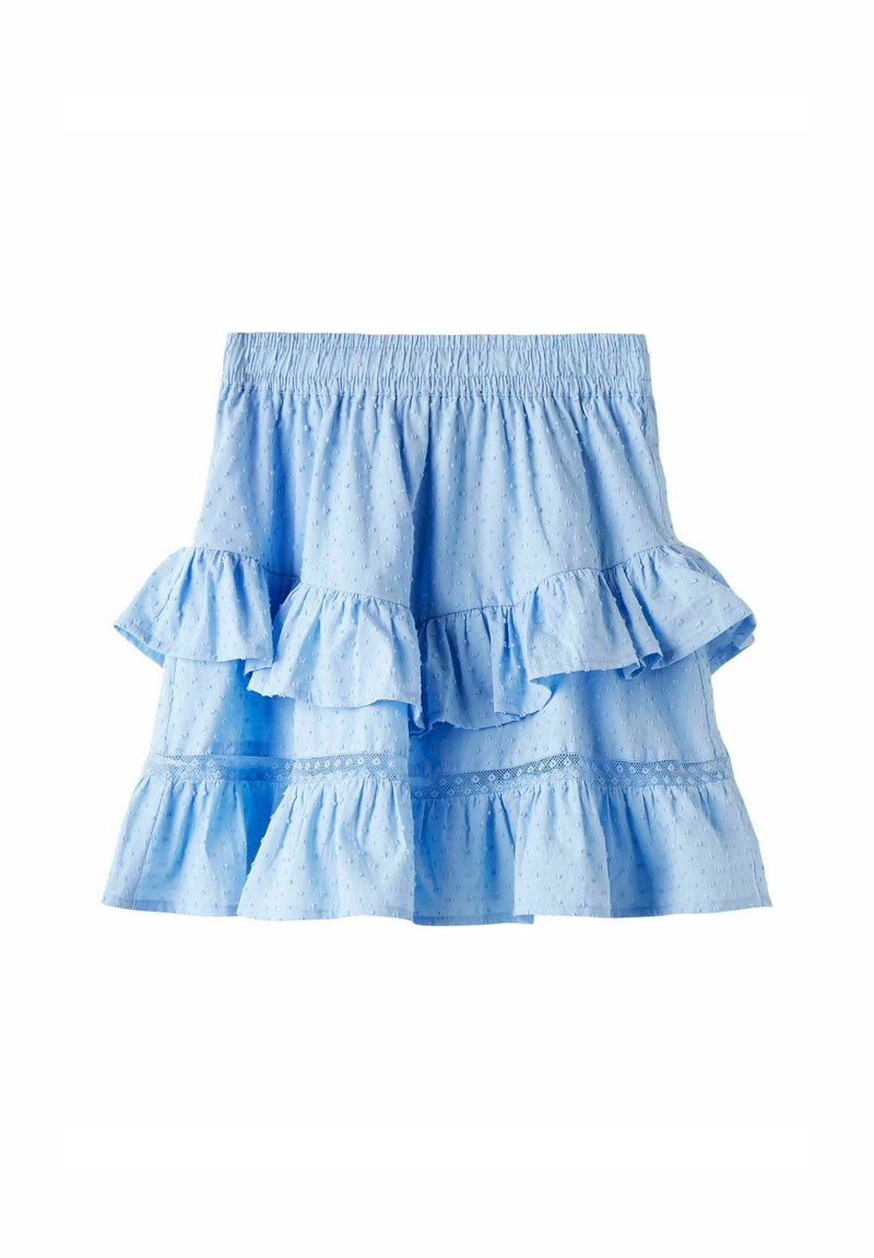 Falda de algodón azul claro con volantes en capas, que presenta patrones bordados y una cinturilla fruncida para un ajuste elástico.