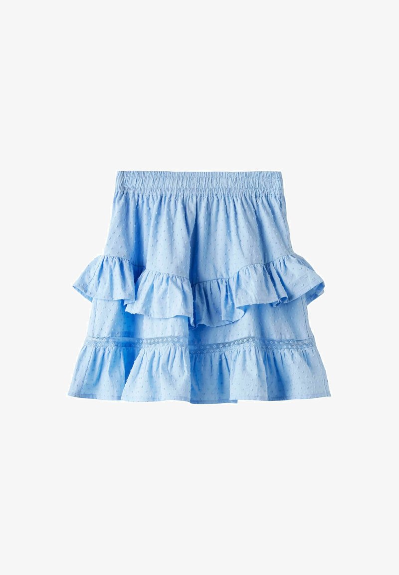 Jupe en coton bleu clair avec des volants en étagères, dotée de motifs brodés et d'une taille smockée pour un ajustement élastique.