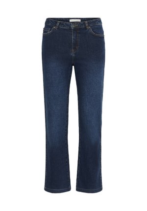 Donkerblauwe denim jeans met een voorzijde knoop en rits, vijf-pocket stijl, rechte pijpen en zichtbare stiksels.