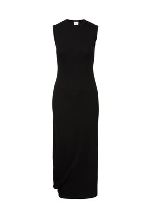 Μαύρο midi φόρεμα χωρίς μανίκια με εφαρμοστό κορσέ από ριμπ πλεκτό ύφασμα, στρογγυλή λαιμόκοψη, ασύμμετρη ραφή στη μέση και ίσια φούστα με ελαφριά λεπτομέρεια drape.
