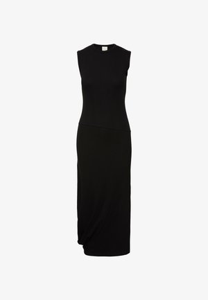 Μαύρο midi φόρεμα χωρίς μανίκια με εφαρμοστό κορσέ από ριμπ πλεκτό ύφασμα, στρογγυλή λαιμόκοψη, ασύμμετρη ραφή στη μέση και ίσια φούστα με ελαφριά λεπτομέρεια drape.