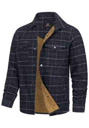 Tengerészkék flanel ing kockás mintával, steppelt mustársárga béléssel és patentgombokkal, két mellzsebbel.