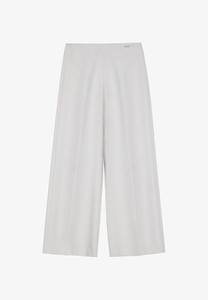 Jasnoszare spodnie o szerokich nogawkach z zakładkami, z małą metką marki na pasku. Brak widocznych kieszeni i ozdób.