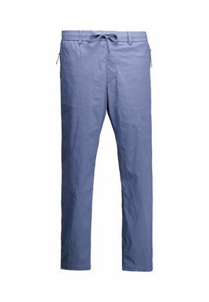 Lichtblauwe broek met trekkoord, zijzakken met rits en taillebandlussen, weergegeven tegen een witte achtergrond.