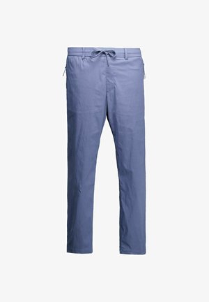 Lichtblauwe broek met trekkoord, zijzakken met rits en taillebandlussen, weergegeven tegen een witte achtergrond.