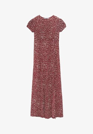 Rode bloemenjurk met korte pofmouwen, met een geraffineerde taille en een vloeiende rok, gepresenteerd op een neutrale achtergrond.