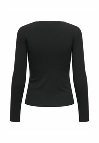 Haut noir à manches longues, côtelé, avec un décolleté carré et une coupe ajustée, présentant une texture lisse et un design minimaliste au dos.