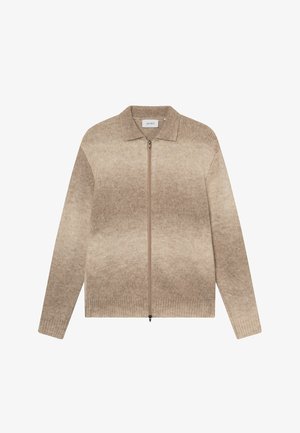 Beżowy dzianinowy kardigan z zamkiem z przodu, żebrowanym kołnierzem i dołem, z efektem ombre przechodzącym od jasnego do ciemnego beżu. Miękka tekstura i długie rękawy.