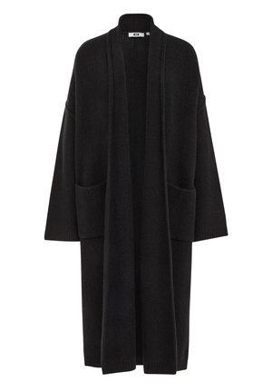 Cardigan lungo nero aperto davanti con due tasche frontali e polsini a coste, progettato per una vestibilità comoda.