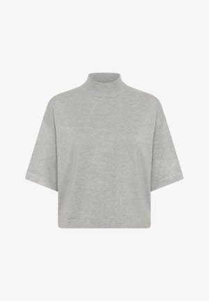 Harmaa lyhytcropped-poolopaita, jossa on lyhyet ja leveät hihat. Valmistettu pehmeästä kankaasta, jossa on sileä ja tasainen pinta sekä minimaalinen yksityiskohtaisuus.