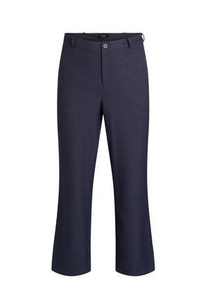 Marineblaue gerade geschnittene Hosen mit Knopf- und Reißverschluss, Gürtelschlaufen und mittelhohem Bund.