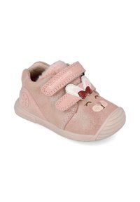 Scarpine per bambini rosa con una texture glitterata, caratterizzate da un design di faccia di coniglio, due cinturini in Velcro e una suola in gomma.