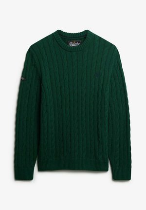Suéter verde de punto con un patrón de trenzas, cuello redondo, puños y dobladillo acanalados, que presenta un pequeño logo en el hombro.