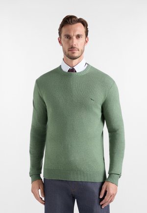 Uomo che indossa un maglione verde a girocollo sopra una camicia bianca e una cravatta, in piedi davanti a uno sfondo bianco semplice.
