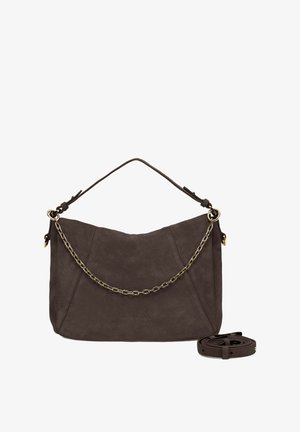 Brown suede handbag with a textured finish, featuring a gold chain link accent and a detachable shoulder strap.