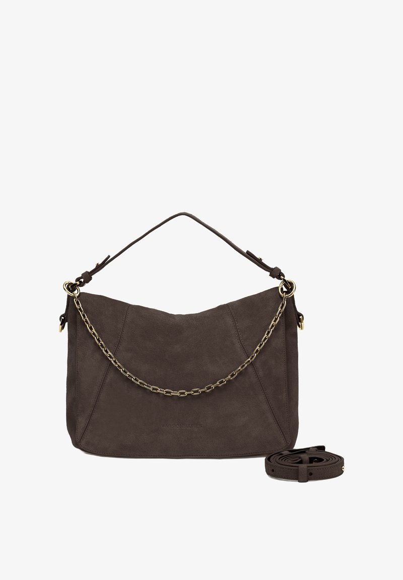 Brown suede handbag with a textured finish, featuring a gold chain link accent and a detachable shoulder strap.