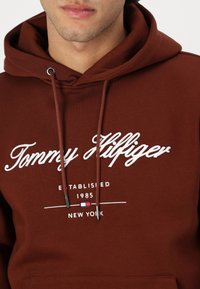 Brun hette med snøring, med hvit brodert tekst "Tommy Hilfiger" og logo. Mykt stoff med lommer foran og ribbestrikkede mansjetter.