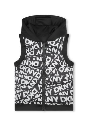 Gilet matelassé noir et blanc avec capuche, arborant un motif répétitif en lettres « DKNY » en gras, fermeture éclair à l'avant et texture lisse.