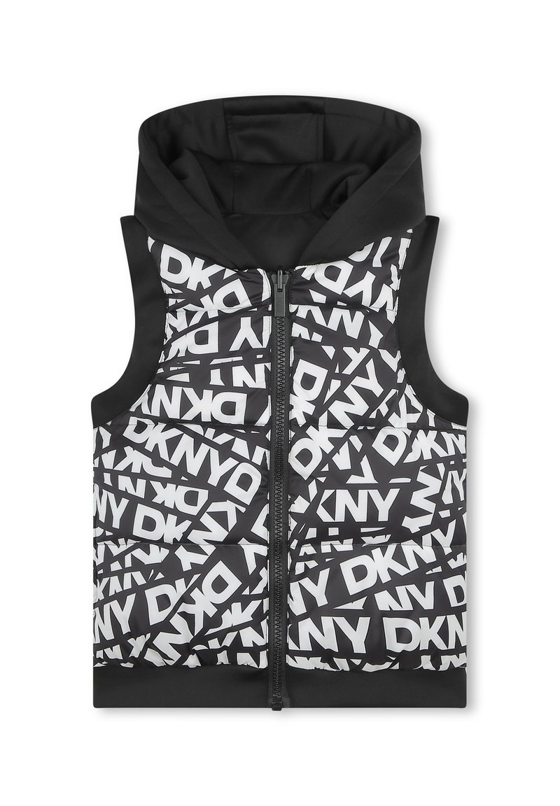 Gilet in bianco e nero con cappuccio, caratterizzato da un motivo ripetuto in bold del logo "DKNY", chiusura con zip e una texture liscia.