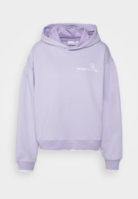 Sudadera con capucha en color lila, fabricada en tela suave, con mangas abullonadas y un dobladillo corto. Logo impreso en la parte delantera en blanco.