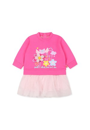 Felpa rosa con una decorazione floreale, abbinata a una gonna in tulle di rosa chiaro. Include testo grafico "GIORNI FELICI" e accenti colorati.