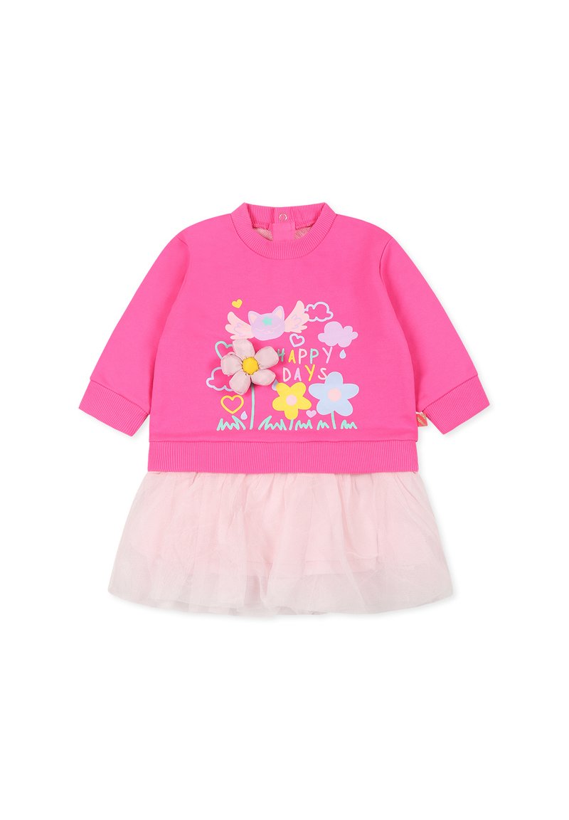 Felpa rosa con una decorazione floreale, abbinata a una gonna in tulle di rosa chiaro. Include testo grafico "GIORNI FELICI" e accenti colorati.