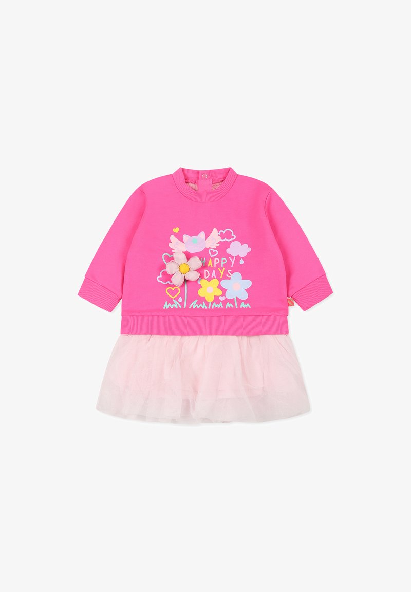 Roze sweatshirt met een bloemenpatroon, inclusief een lichtroze tule rok. Bevat grafische tekst "HAPPY DAYS" en kleurrijke accenten.