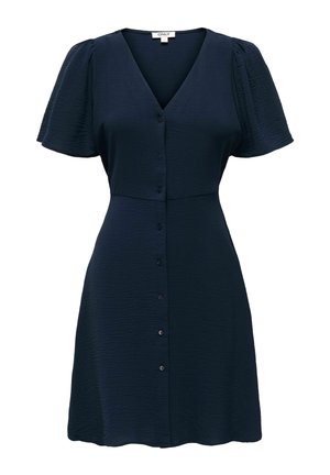 Robe bleu marine à manches courtes avec col en V, boutonnage sur le devant et tissu légèrement texturé.