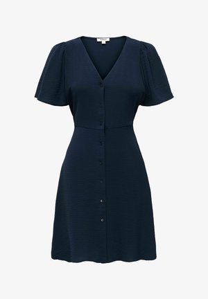 Robe bleu marine à manches courtes avec col en V, boutonnage sur le devant et tissu légèrement texturé.