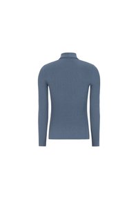 Maglione a maniche lunghe con collo alto a coste di colore blu tenue. Presenta una silhouette aderente con un colletto alto e una texture morbida.