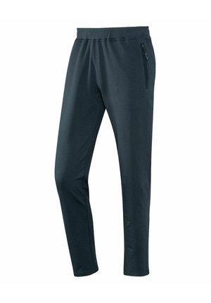 Dark blue athletic pants made from stretchy fabric, featuring an elastic waistband, tapered fit, and a side zip pocket.