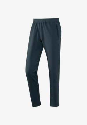 Dunkelblaue Sporthose aus dehnbarem Material, mit elastischem Bund, schmal zulaufendem Schnitt und einer seitlichen Reißverschlusstasche.