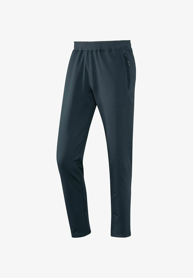 Dark blue athletic pants made from stretchy fabric, featuring an elastic waistband, tapered fit, and a side zip pocket.
