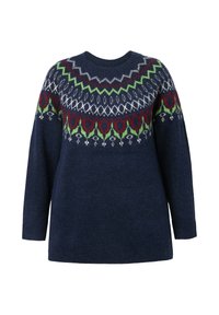 Maglione lavorato a maglia navy con un colletto decorato in verde, rosso e bianco. Collo rotondo e maniche lunghe. Morbido al tatto e vestibilità comoda.