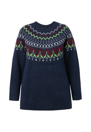 Maglione lavorato a maglia navy con un colletto decorato in verde, rosso e bianco. Collo rotondo e maniche lunghe. Morbido al tatto e vestibilità comoda.
