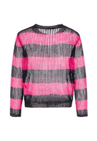 Maglione lavorato a maglia con strisce orizzontali in nero e rosa brillante. Maniche corte, scollatura rotonda e texture a rete aperta.